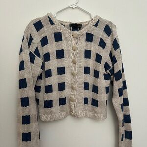 Vintage Eddie Bauer Blue and Cream Checkered Print Cardigain